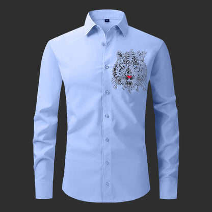 Light blue shirt with a tiger emblem on a black background