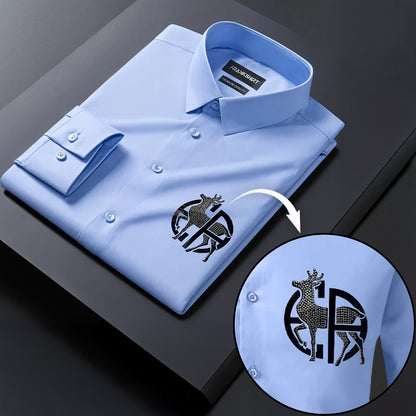 Light blue dress shirt with a deer logo on a dark background