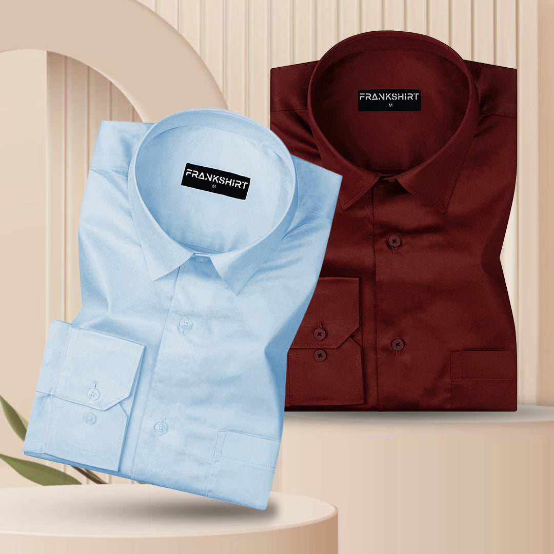 300GSM Premium Satin Shirt Combo for Men (Sky Blue & Crimson Red)