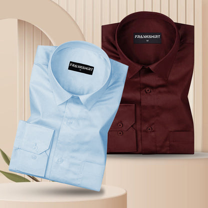 300GSM Premium Satin Shirt Combo for Men (Sky Blue & Maroon)