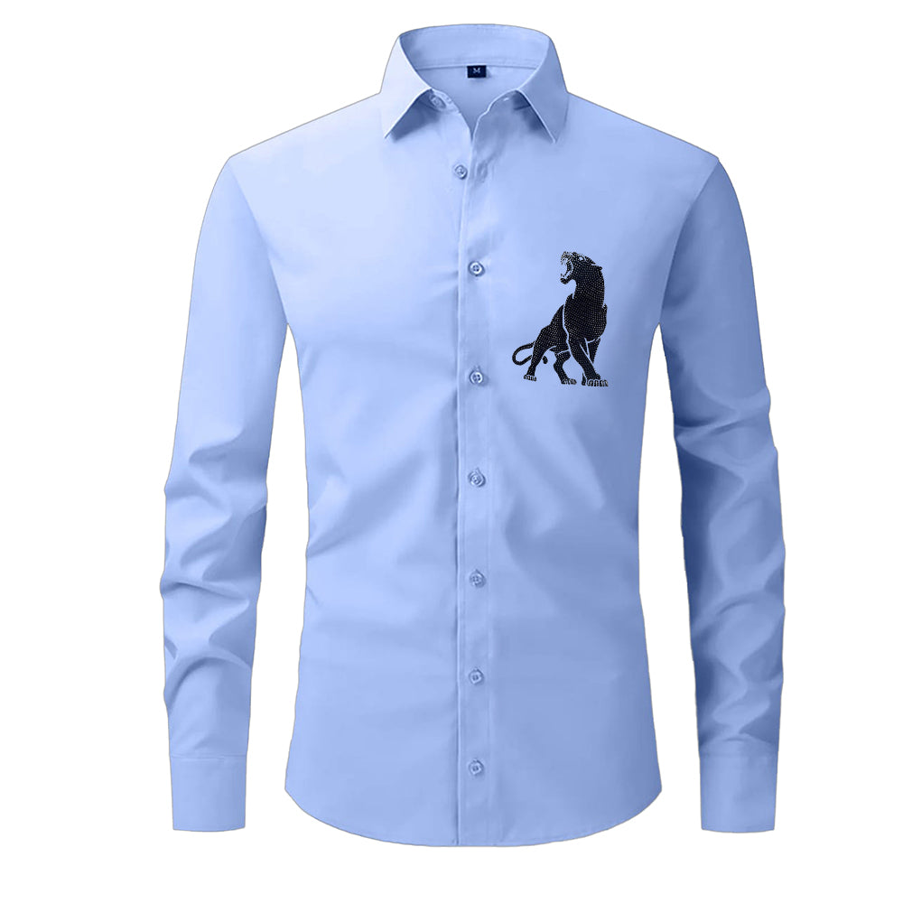 Light blue shirt with a black panther logo on a white background