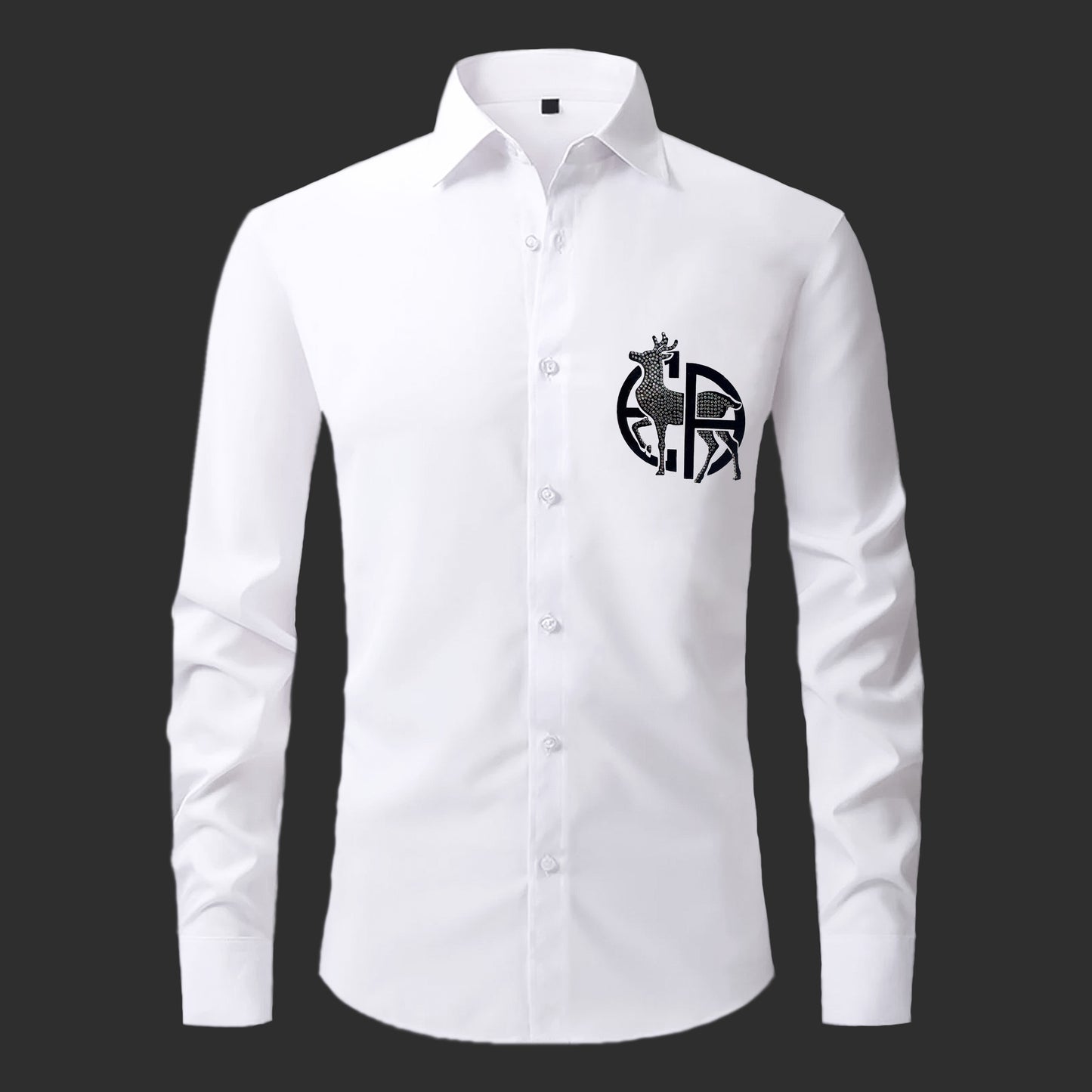 White dress shirt with a black logo on a white background