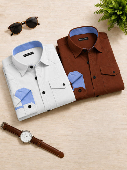 Pack Of 2 Cargo Style White & Brown Shirt
