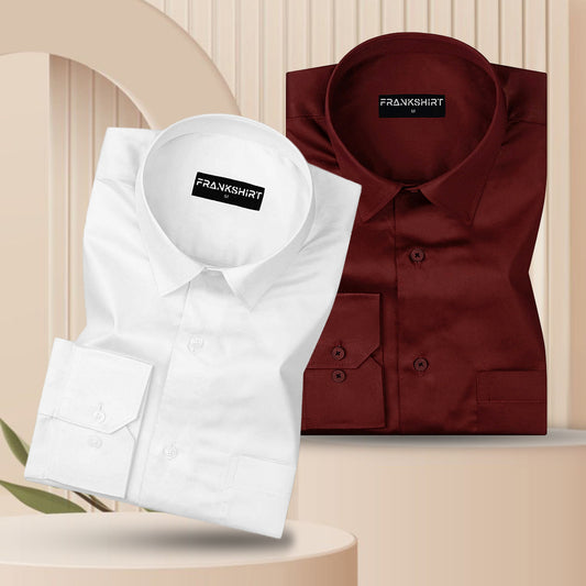 300GSM Premium Satin Shirt Combo for Men (White & Crimson Red)