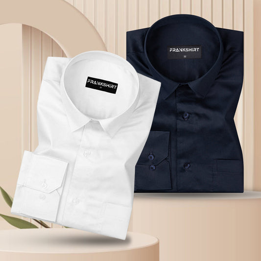 300GSM Premium Satin Shirt Combo for Men (White & Deep Navy)