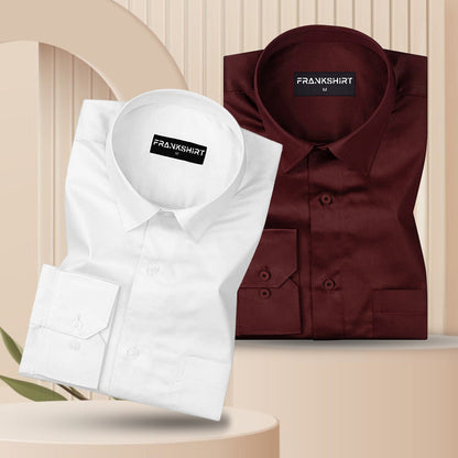 300GSM Premium Satin Shirt Combo for Men (White & Maroon)