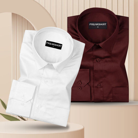 300GSM Premium Satin Shirt Combo for Men (White & Maroon)