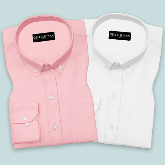 Pack of 2 Pink & White Oxford Cotton Shirts Bundle For Men