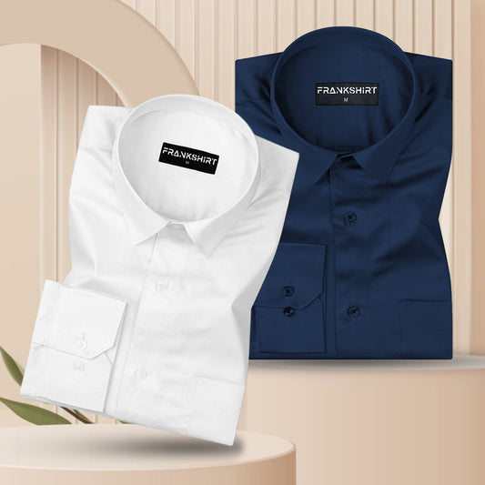 300GSM Premium Satin Shirt Combo for Men (White & Royal Blue)
