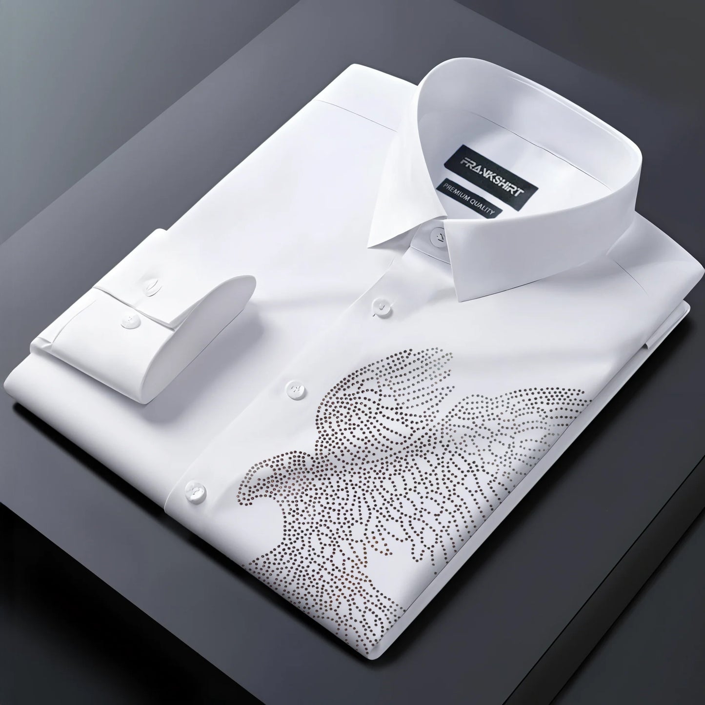 White dress shirt with decorative pattern on a dark background