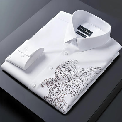 White dress shirt with decorative pattern on a dark background