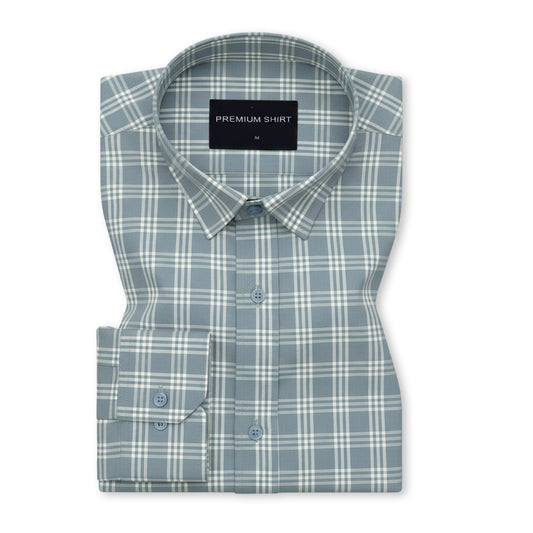 Frosted Teal Classic Check Paper Cotton Shirt For Men