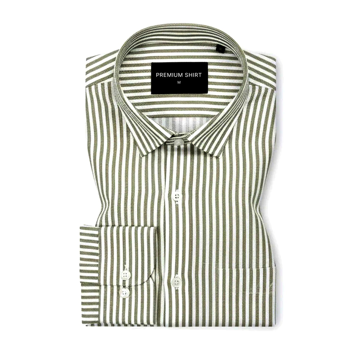 Folded green and white striped shirt with a label on a white background