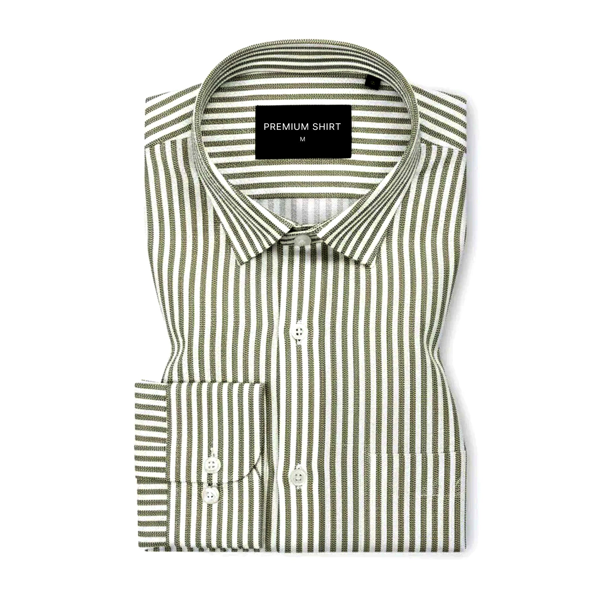 Folded green and white striped shirt with a label on a white background