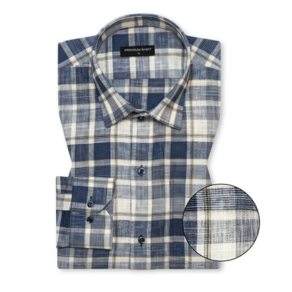 Navy Blue Check Linen Shirt For Men