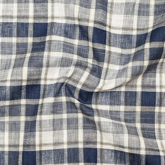 Navy Blue Check Linen Shirt For Men