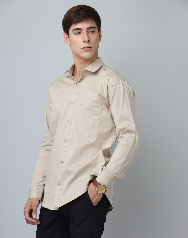 Frankshirt Beige Solid Tailored Fit Cotton Casual Shirt for Man