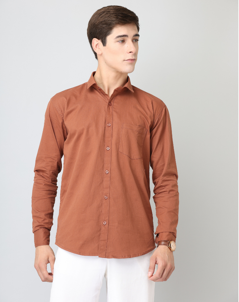 Frankshirt Men Dusty Brown Solid Tailored Fit Cotton Casual Shirt