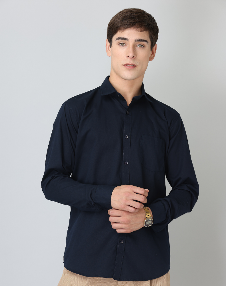 Frankshirt Navy Blue Solid Tailored Fit Cotton Casual Shirt for Man