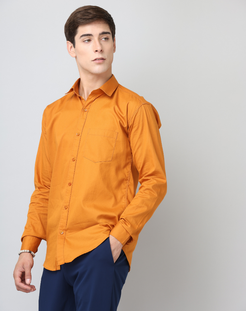 Frankshirt Mustard Solid Tailored Fit Cotton Casual Shirt for Man